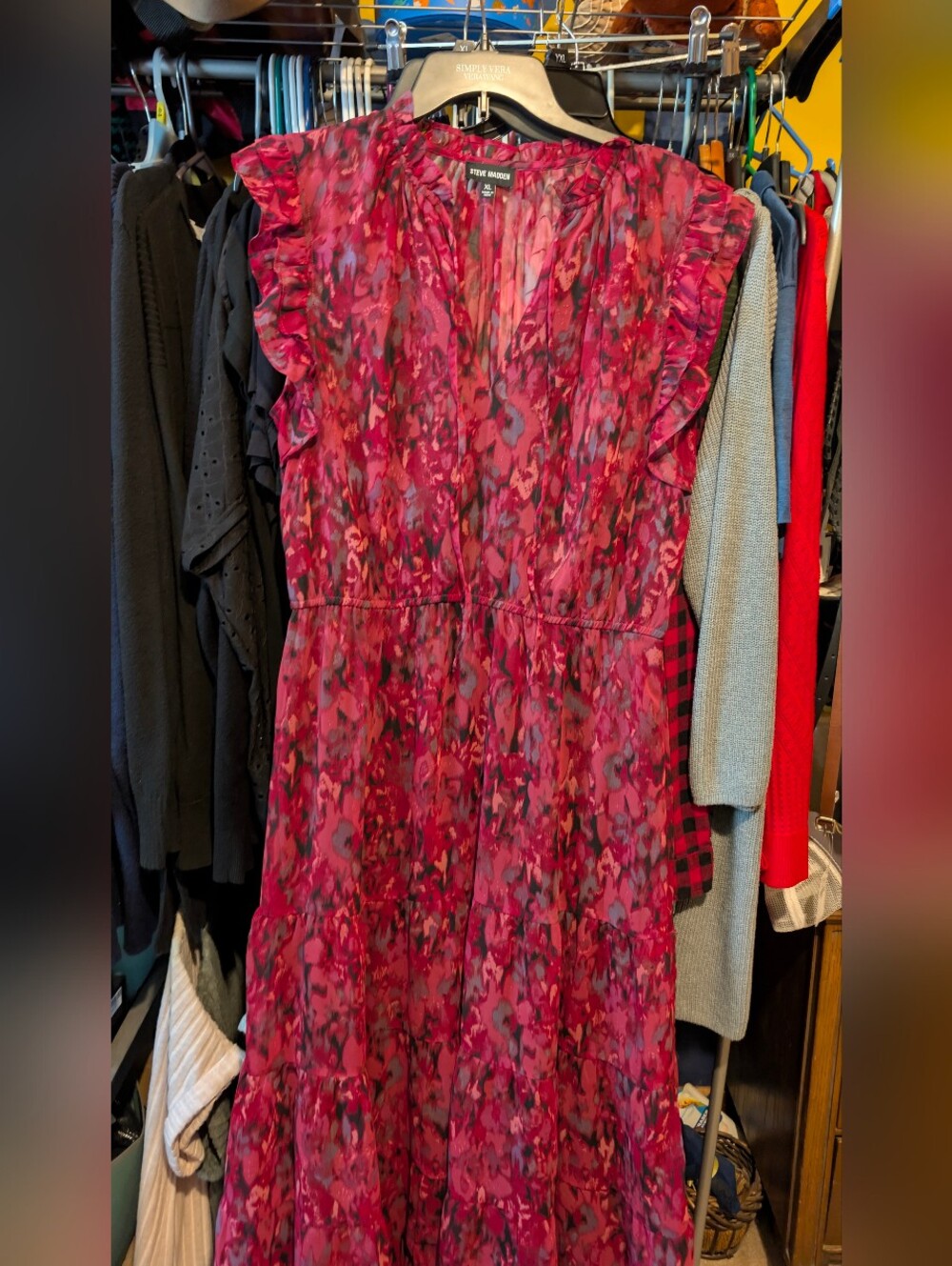 Steve Madden Raspberry Floral Ruffle Midi Dress